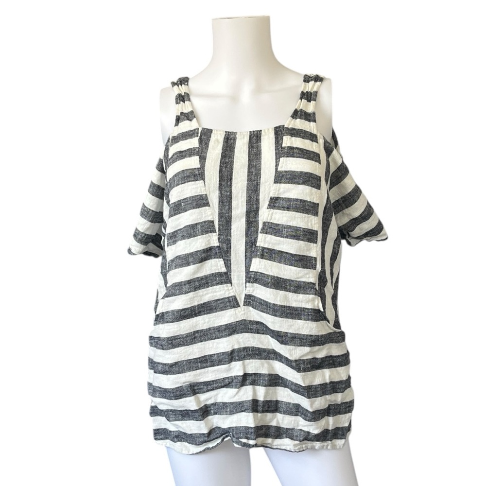 Soft Surroundings Striped Cold Shoulder Top Gray White Linen Size Petite Small